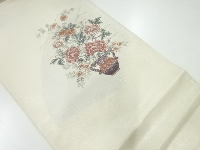 JAPANESE KIMONO / ANTIQUE FUKURO OBI / SILK / EMBROIDERY / FLOWER VASE & FLOWERS